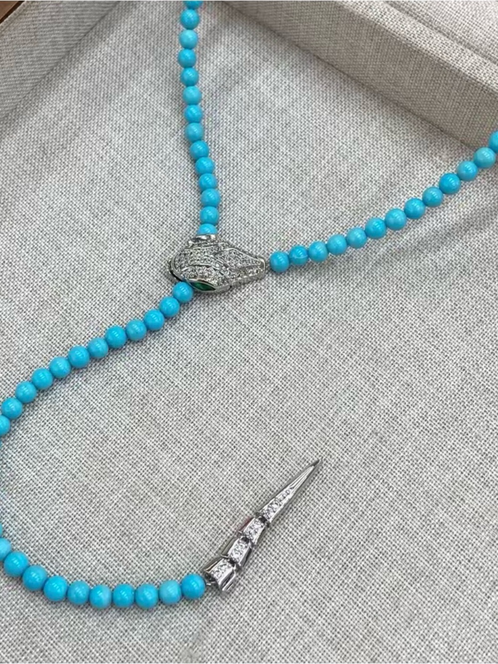 Turquoise Beaded Y-Shaped Necklace with Silver Pavé Accents adjustable snake - Picture 2 of 5